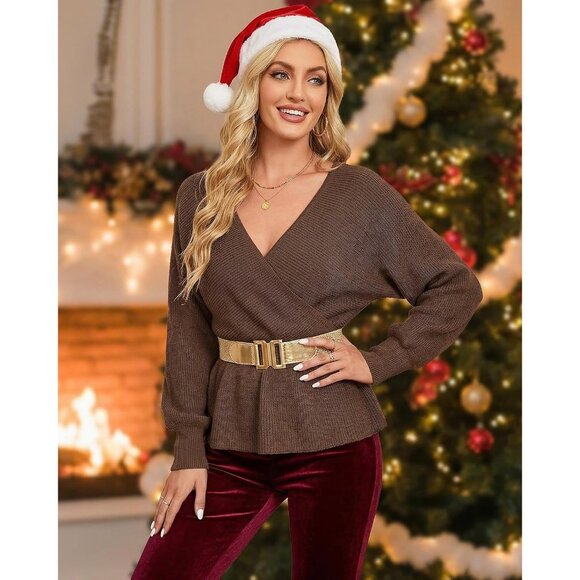 Womens Dressy Brown Peplum Sweater Long Sleeve Fall Wrap V Neck Pullover Tops - Picture 2 of 6